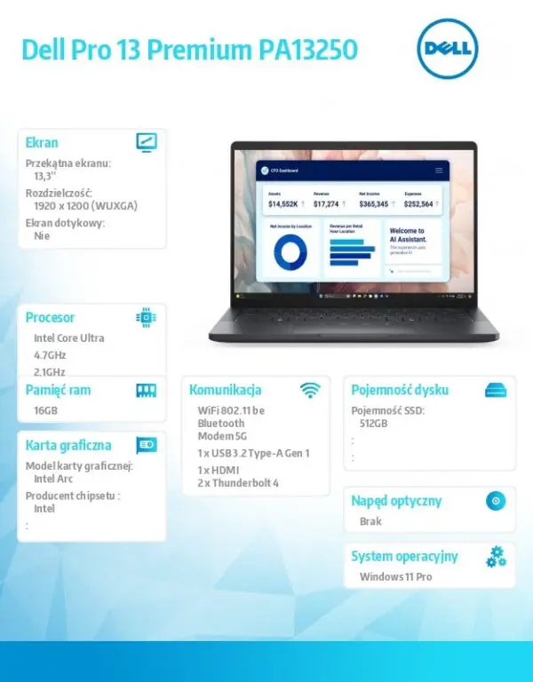 Laptop Dell Pro 13 Premium PA13250 W11P U5-236V/16GB/512GB SSD CL35/13.3 FHD+/Arc/FgrPr/Cams&Mic/5G WWAN+BT/BcklKb/3C/vPro/3YPS Magnesium