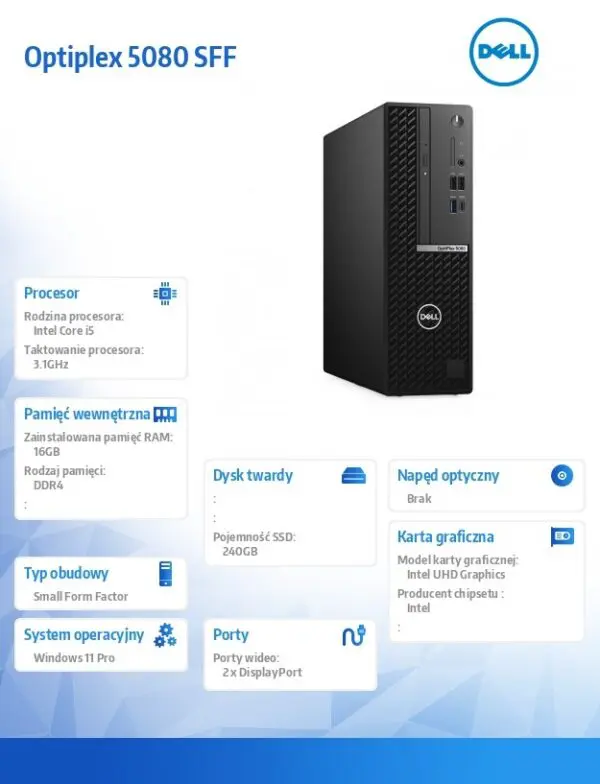 Komputer poleasingowy DELL Optiplex 5080 SFF Core i5-10500 (10-gen.) 3,1GHz/SSD 240GB NVMe/16GB/Win11 Prof./2 LATA GWARANCJI