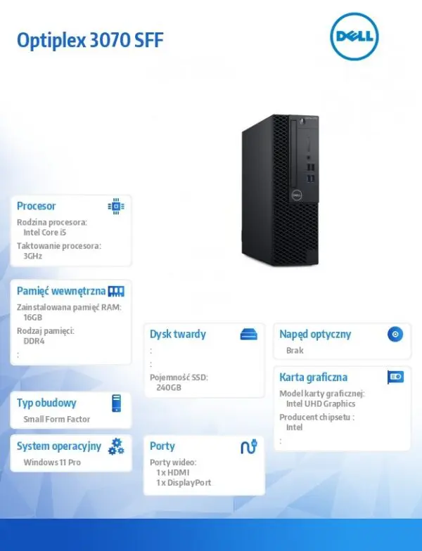 Komputer poleasingowy Optiplex 3070 SFF Core i5 9500 (9-gen.) 3,0GHz/SSD 240GB NVMe/16GB/Win11 Pro/2 lata gwarancji