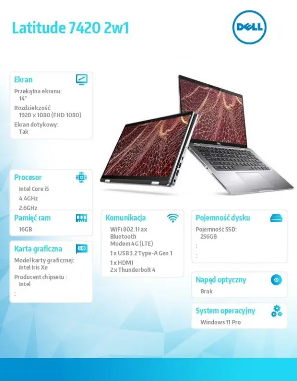 Notebook poleasingowy DELL Latitude 7420 2w1 Core i5-1145G7 (11-gen.) 2.6GHz / 16 GB / 256GB SSD / 14 FullHD dotyk / WIN11 Pro / modem LTE DW5821E