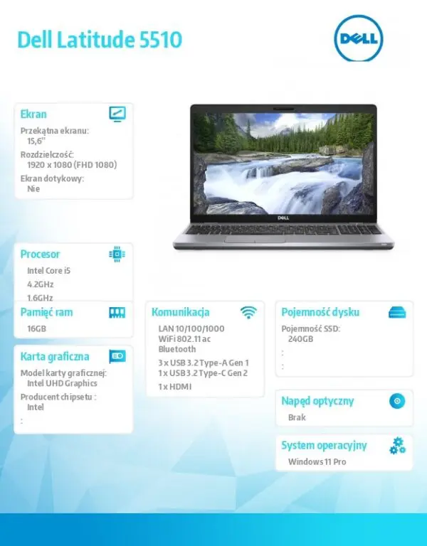 Notebook poleasingowy Latitude 5510 Core i5-10210U (10-gen.) 1,6 GHz / 16 GB / SSD 240 GB / 15,6 cali FullHD / Win 11 Prof.
